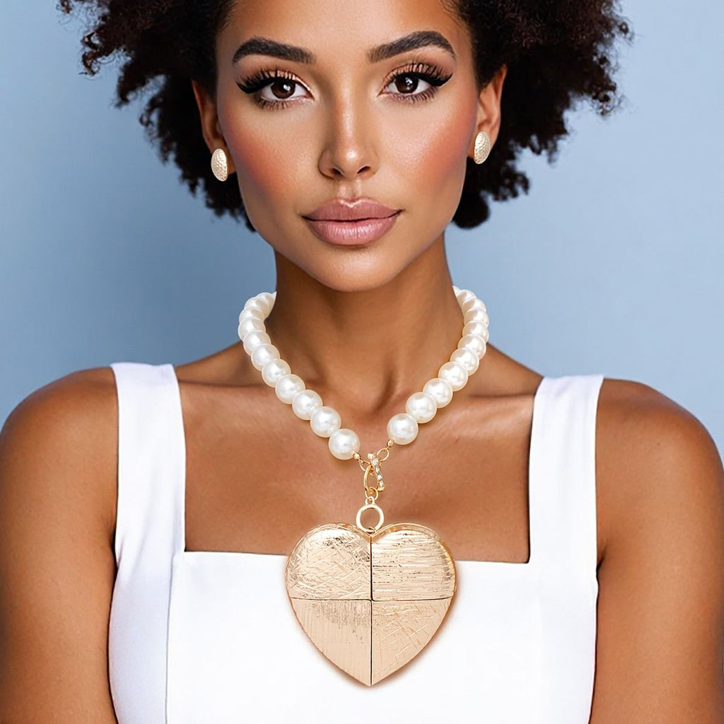 Statement Pearl Necklace Set Chunky Heart Pendant & Stud Earrings