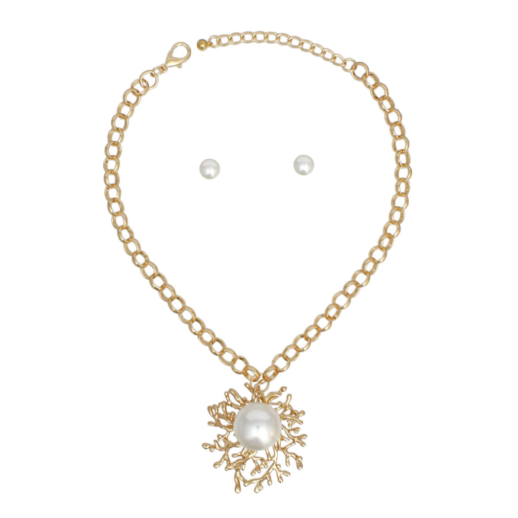 Gold Necklace Pearl Medallion Branching Pendant Statement