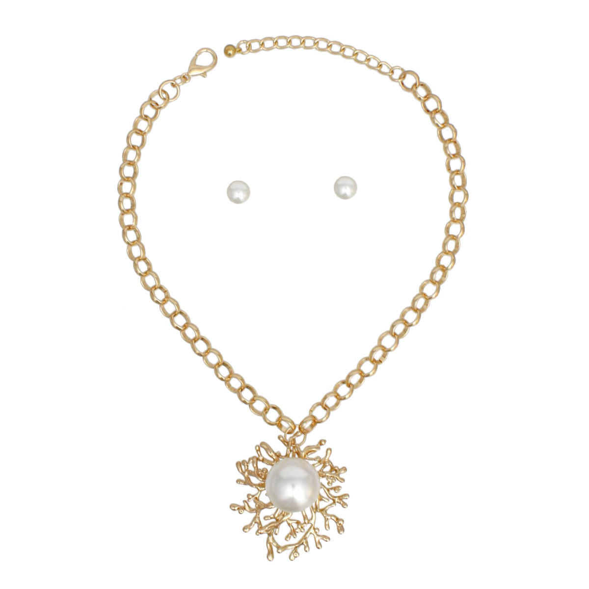 Gold Necklace Pearl Medallion Branching Pendant Statement
