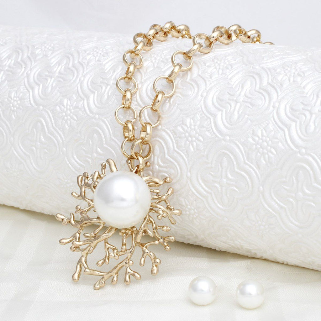 Gold Necklace Pearl Medallion Branching Pendant Statement