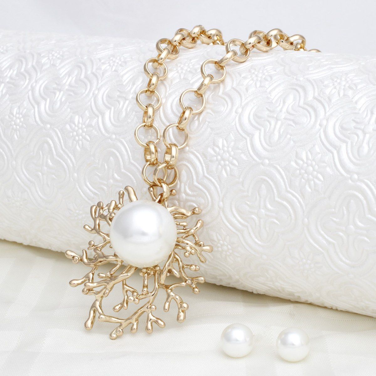 Gold Necklace Pearl Medallion Branching Pendant Statement