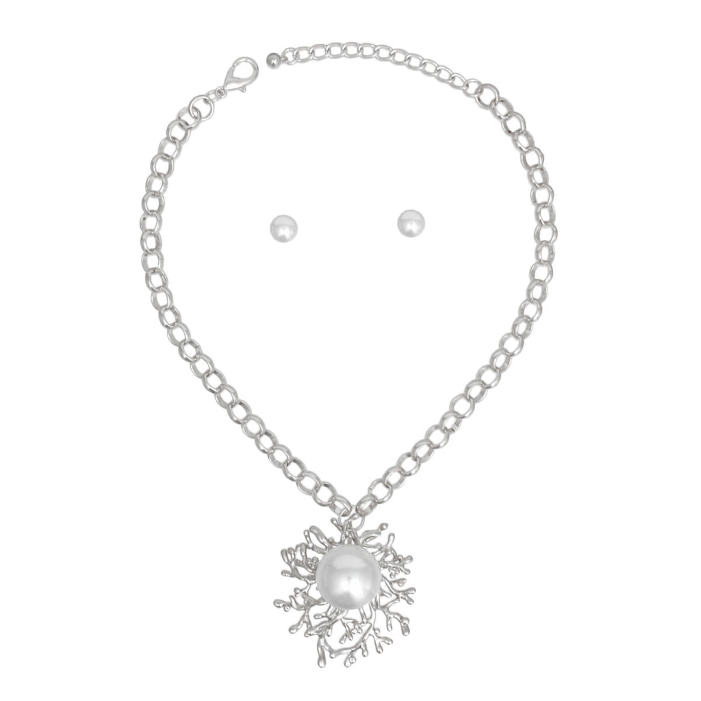 Silver Necklace Pearl Medallion Branching Pendant Statement