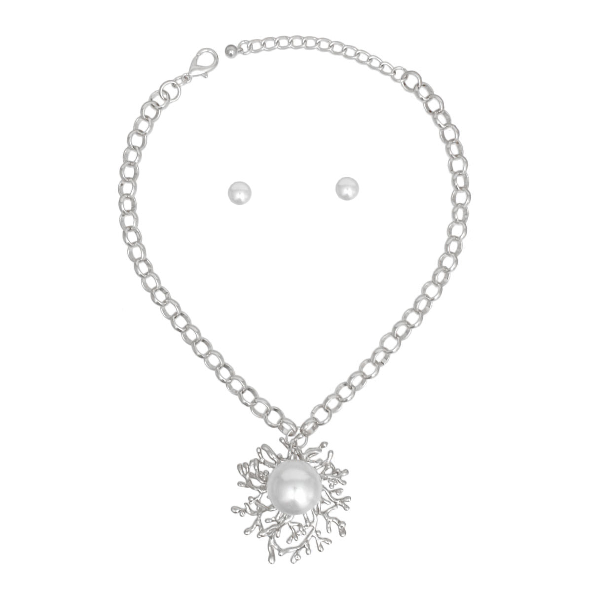 Silver Necklace Pearl Medallion Branching Pendant Statement