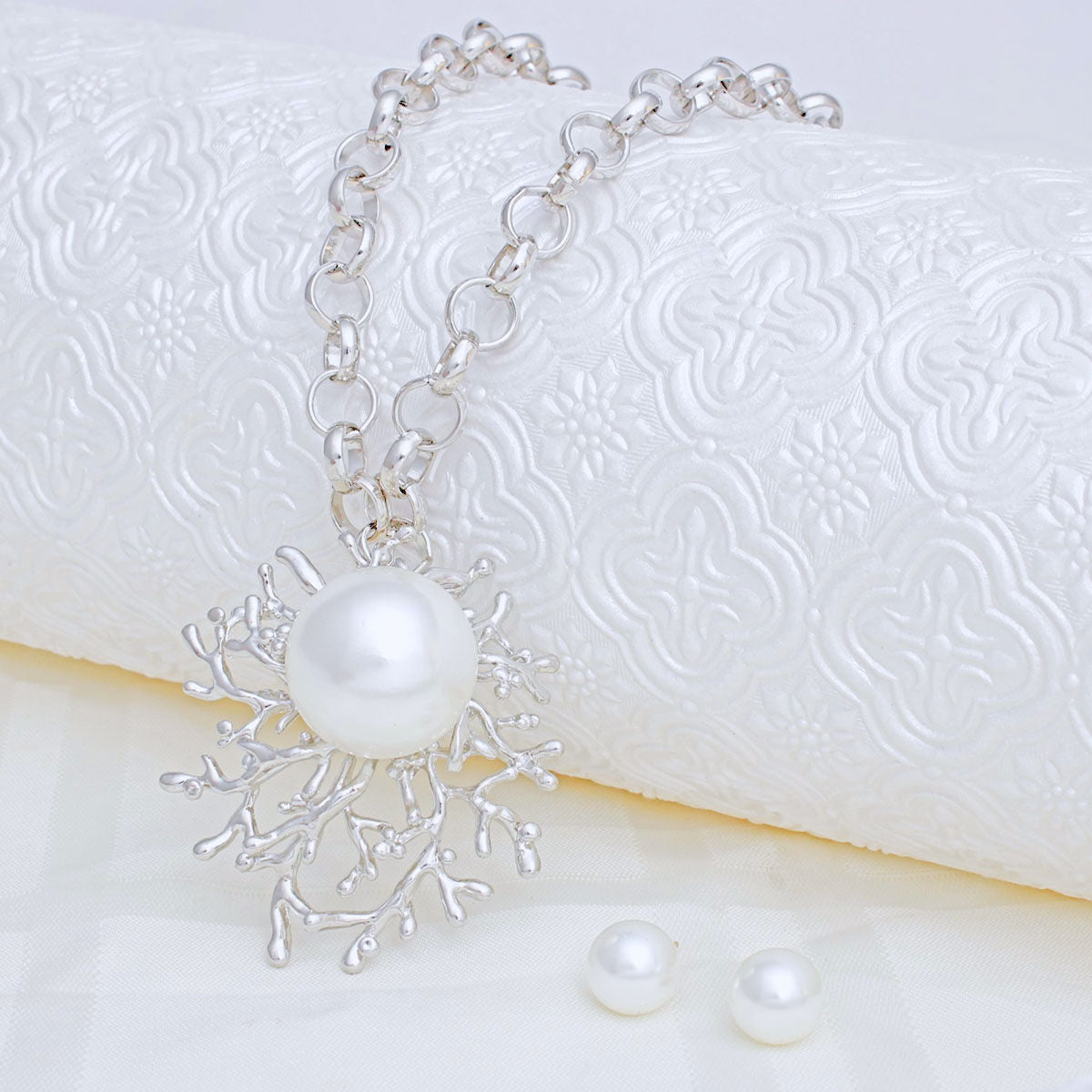 Silver Necklace Pearl Medallion Branching Pendant Statement