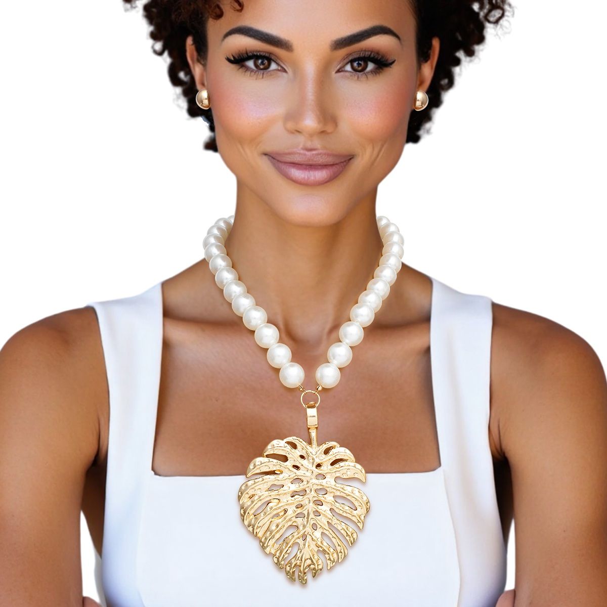 Oversized Cream Pearl Necklace Chunky Palm Leaf Pendant Set
