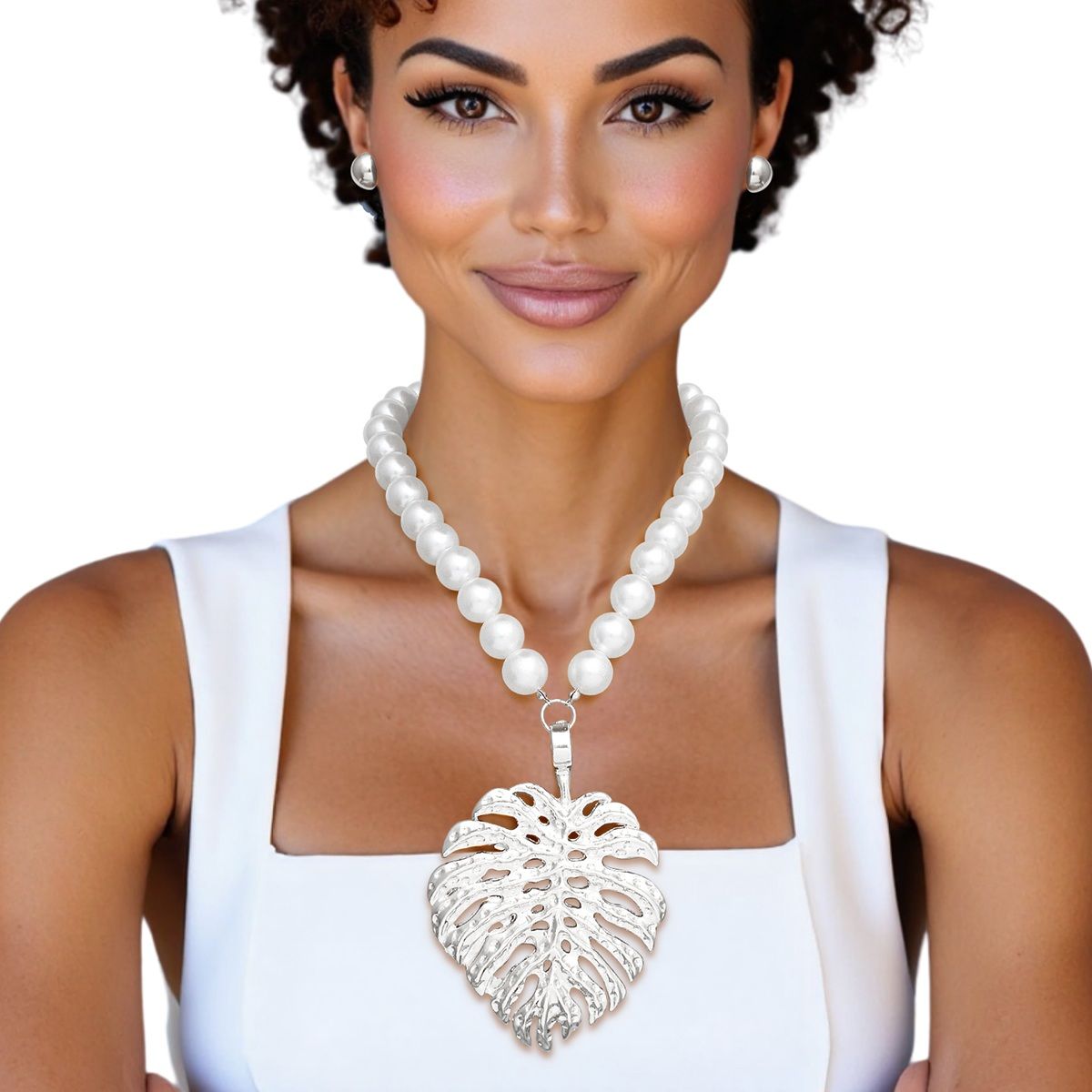 Oversized White Pearl Necklace Chunky Palm Leaf Pendant Set