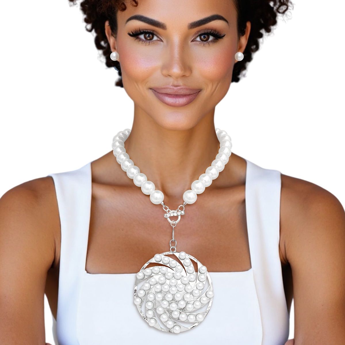 Oversized Pearl Necklace Chunky Silver Pendant and Pearl Stud Earrings Set