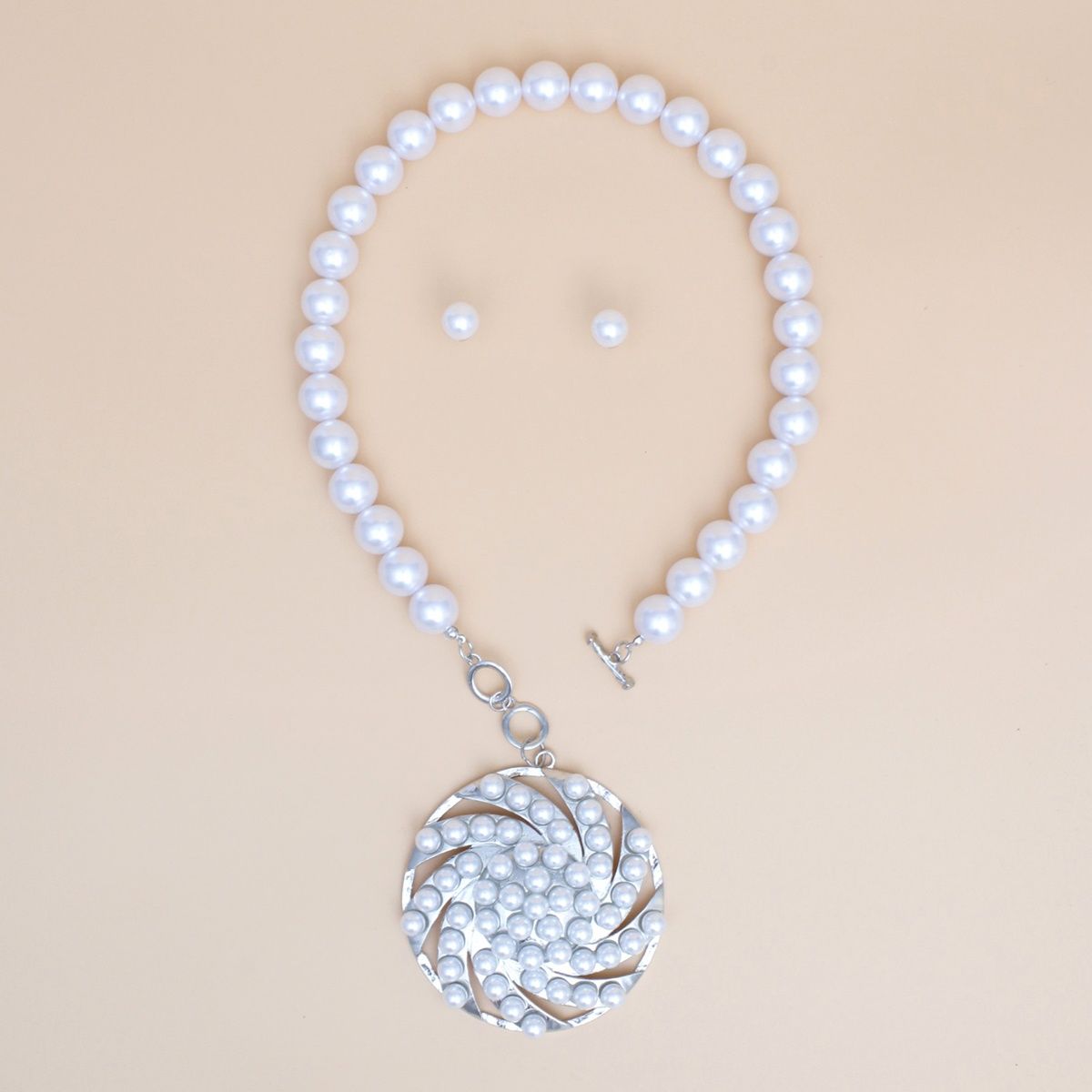 Oversized Pearl Necklace Chunky Silver Pendant and Pearl Stud Earrings Set