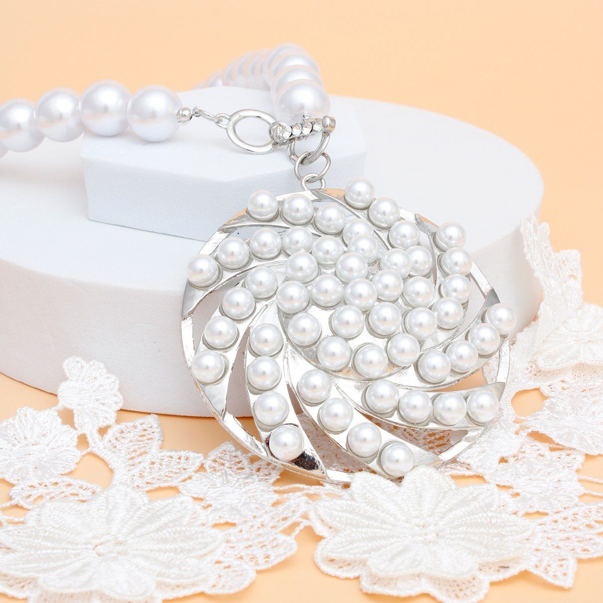 Oversized Pearl Necklace Chunky Silver Pendant and Pearl Stud Earrings Set