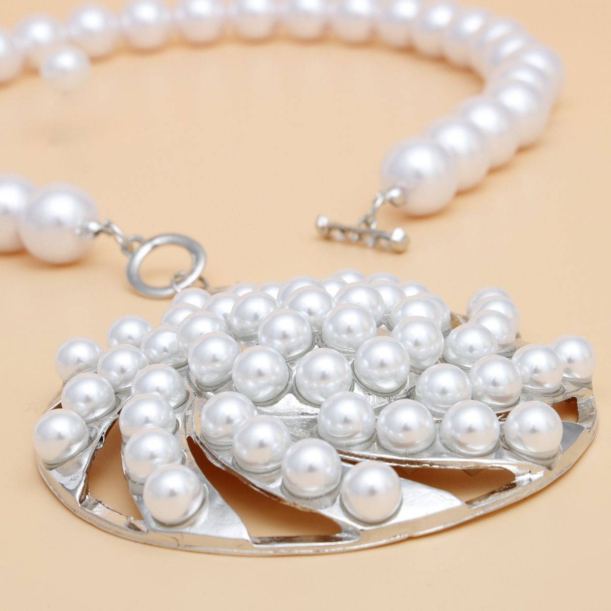 Oversized Pearl Necklace Chunky Silver Pendant and Pearl Stud Earrings Set