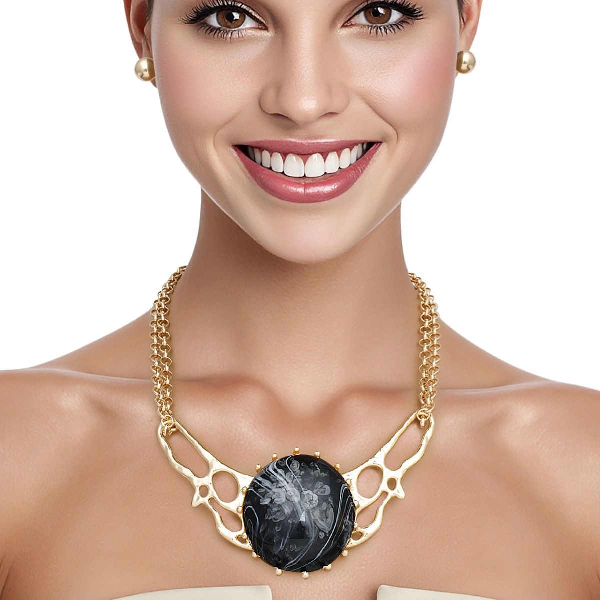 Black Gold Tone Link Chain Necklace Double Layer Marble Collar Statement