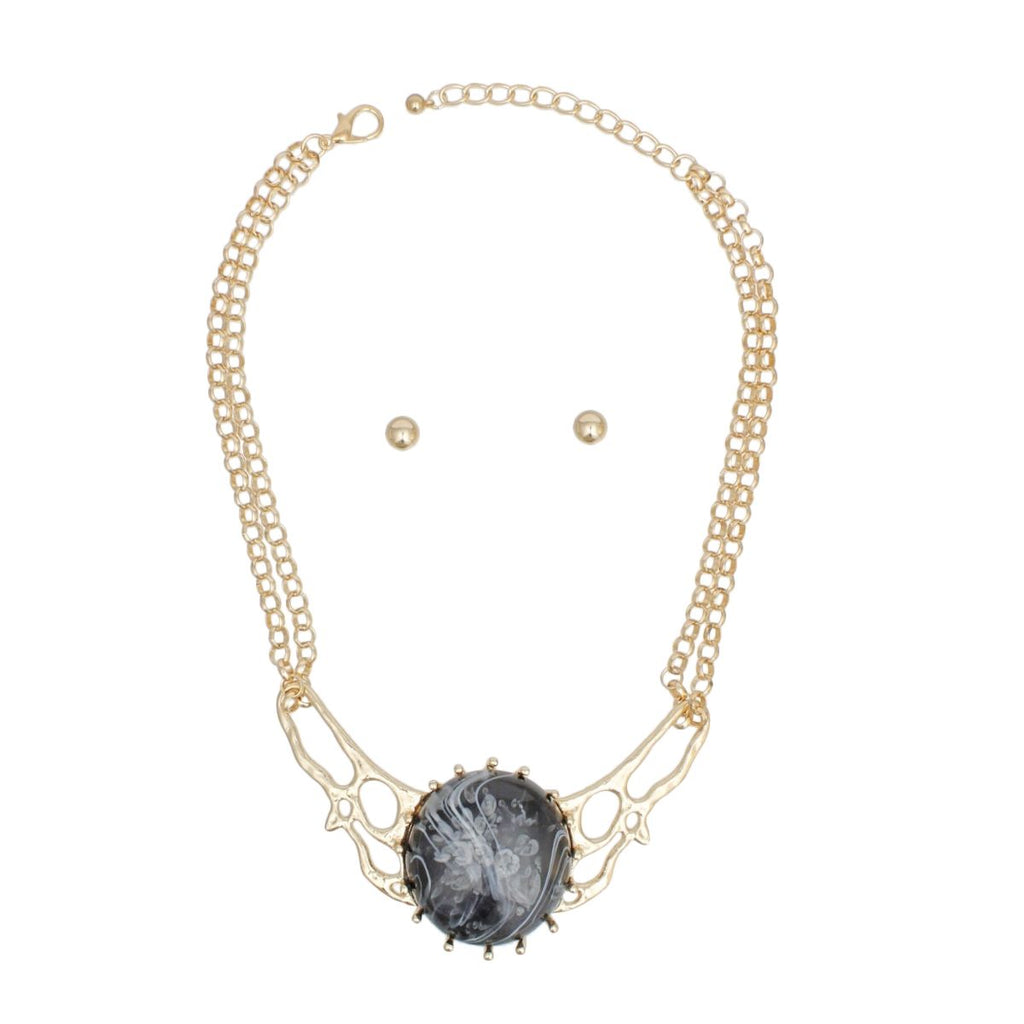 Black Gold Tone Link Chain Necklace Double Layer Marble Collar Statement
