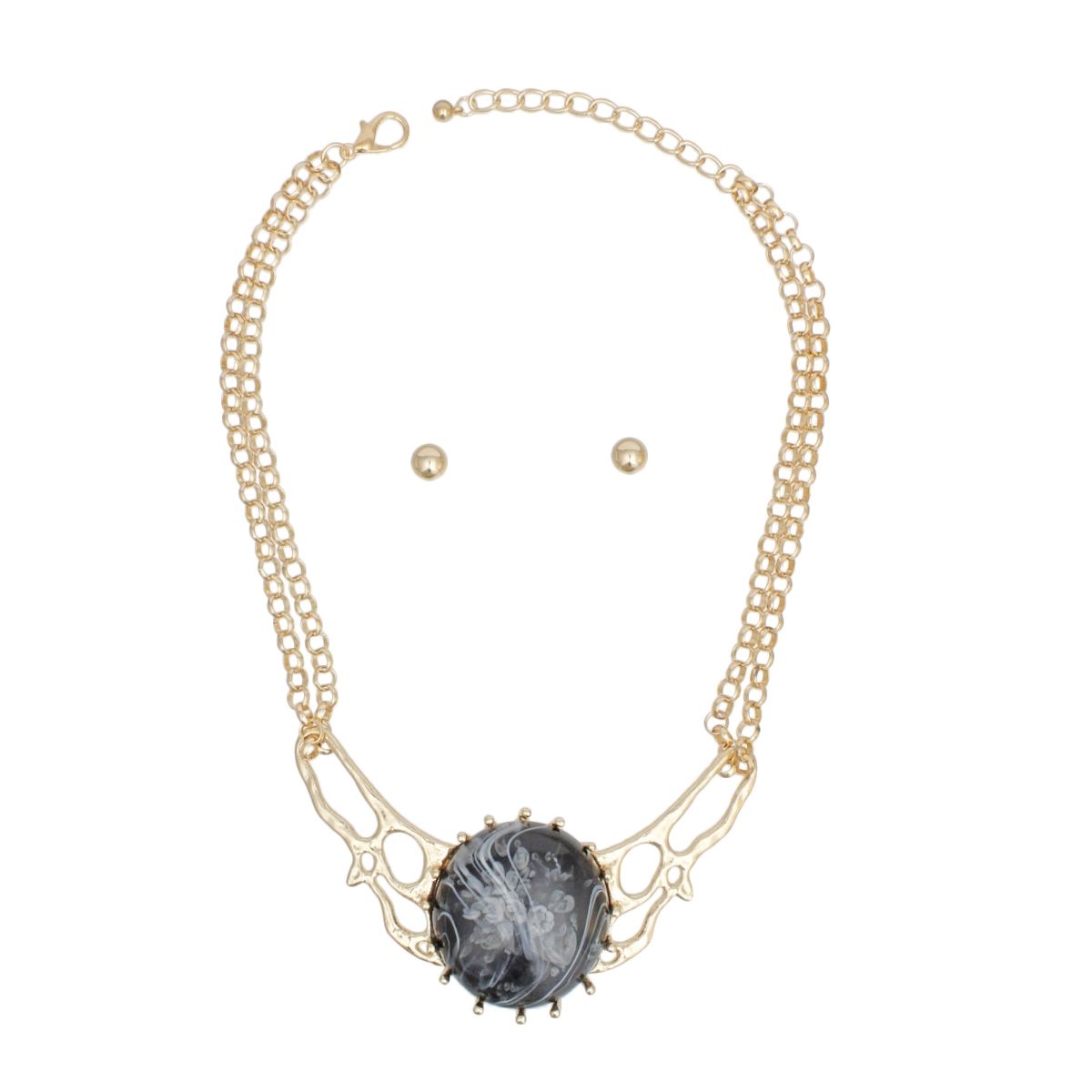 Black Gold Tone Link Chain Necklace Double Layer Marble Collar Statement
