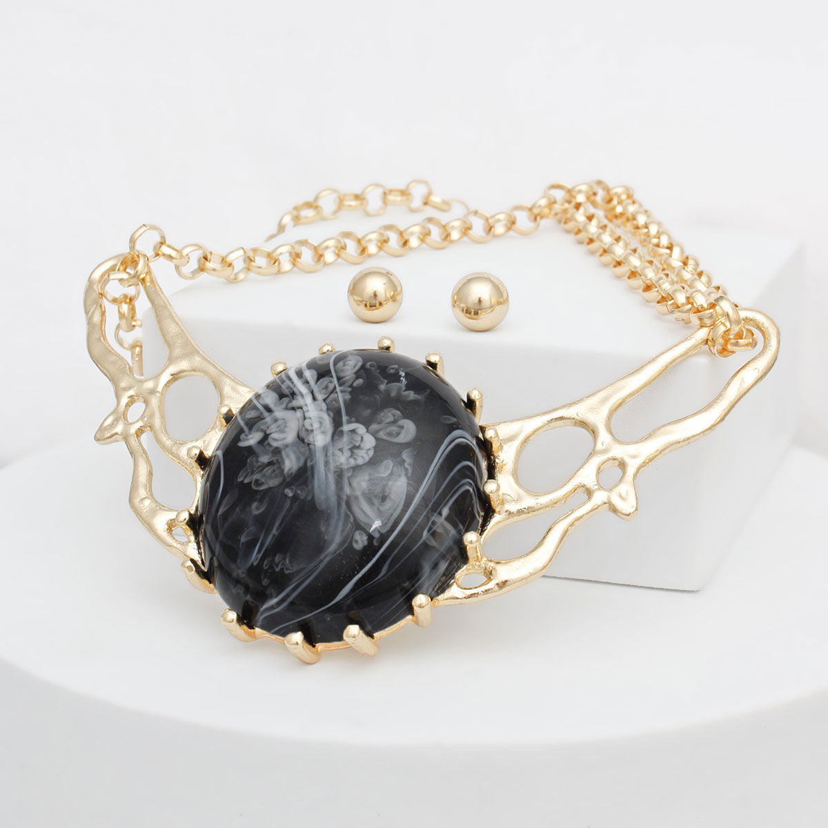 Black Gold Tone Link Chain Necklace Double Layer Marble Collar Statement