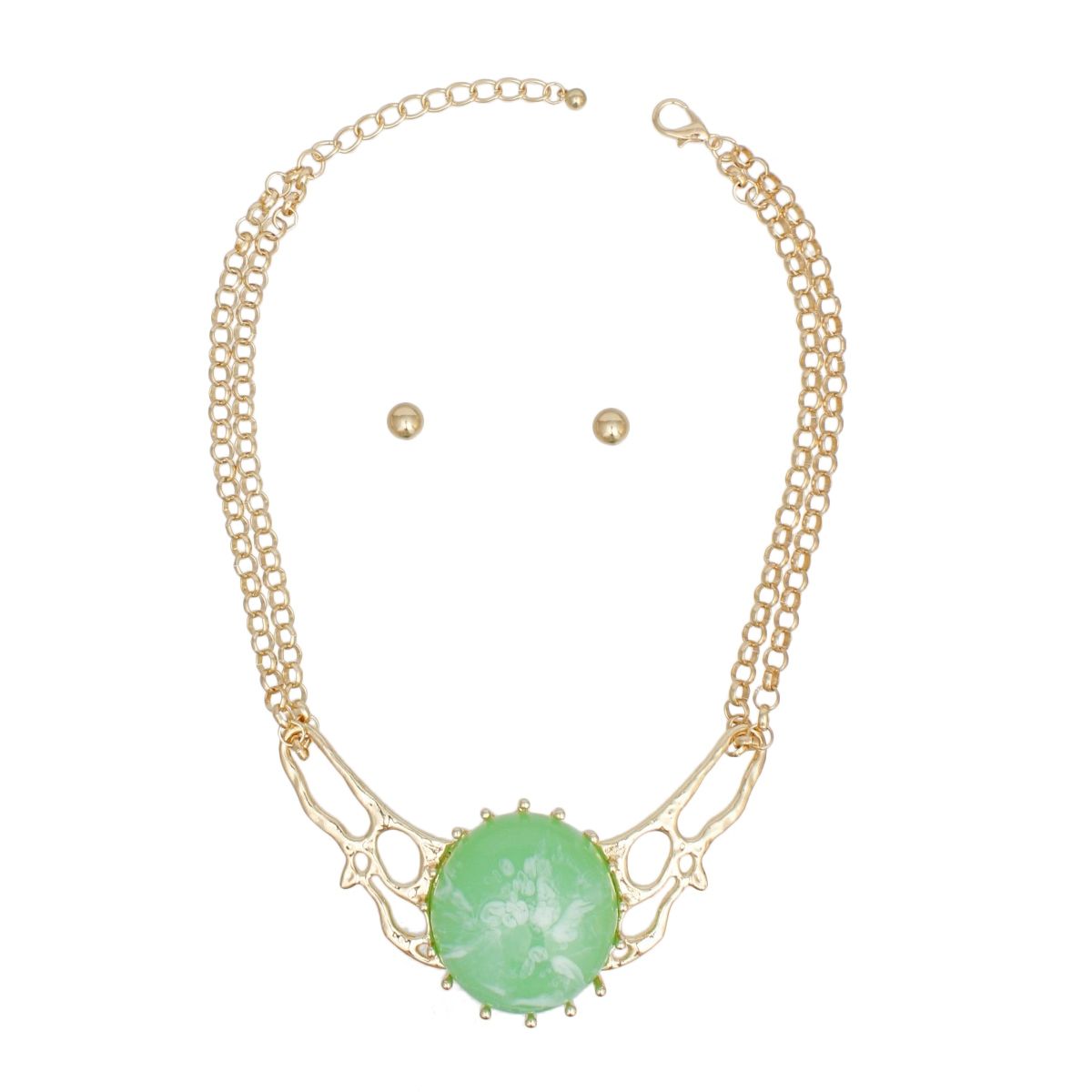 Green Gold Tone Link Chain Necklace Double Layer Marble Collar Statement