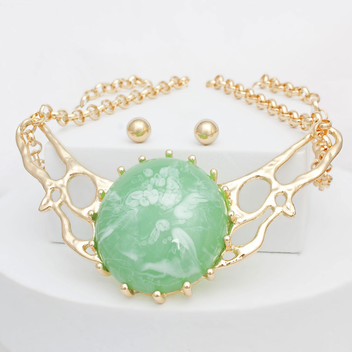 Green Gold Tone Link Chain Necklace Double Layer Marble Collar Statement