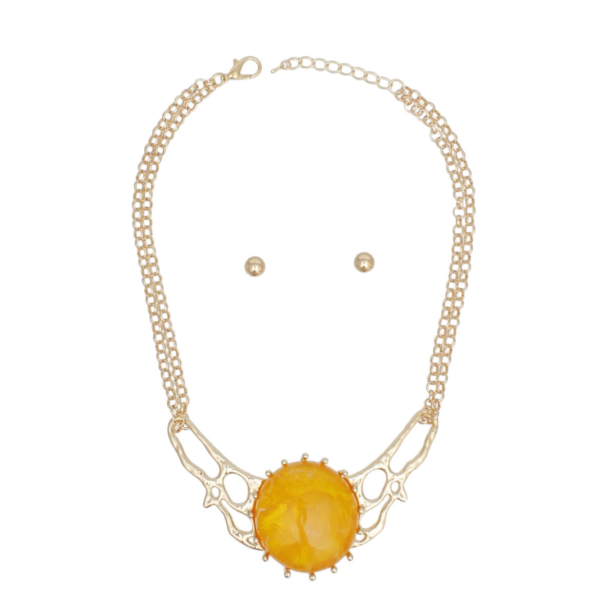 Mustard Gold Tone Link Chain Necklace Double Layer Marble Collar Statement