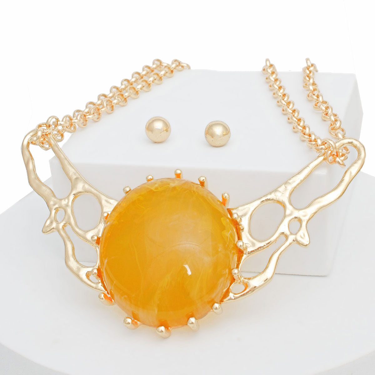 Mustard Gold Tone Link Chain Necklace Double Layer Marble Collar Statement
