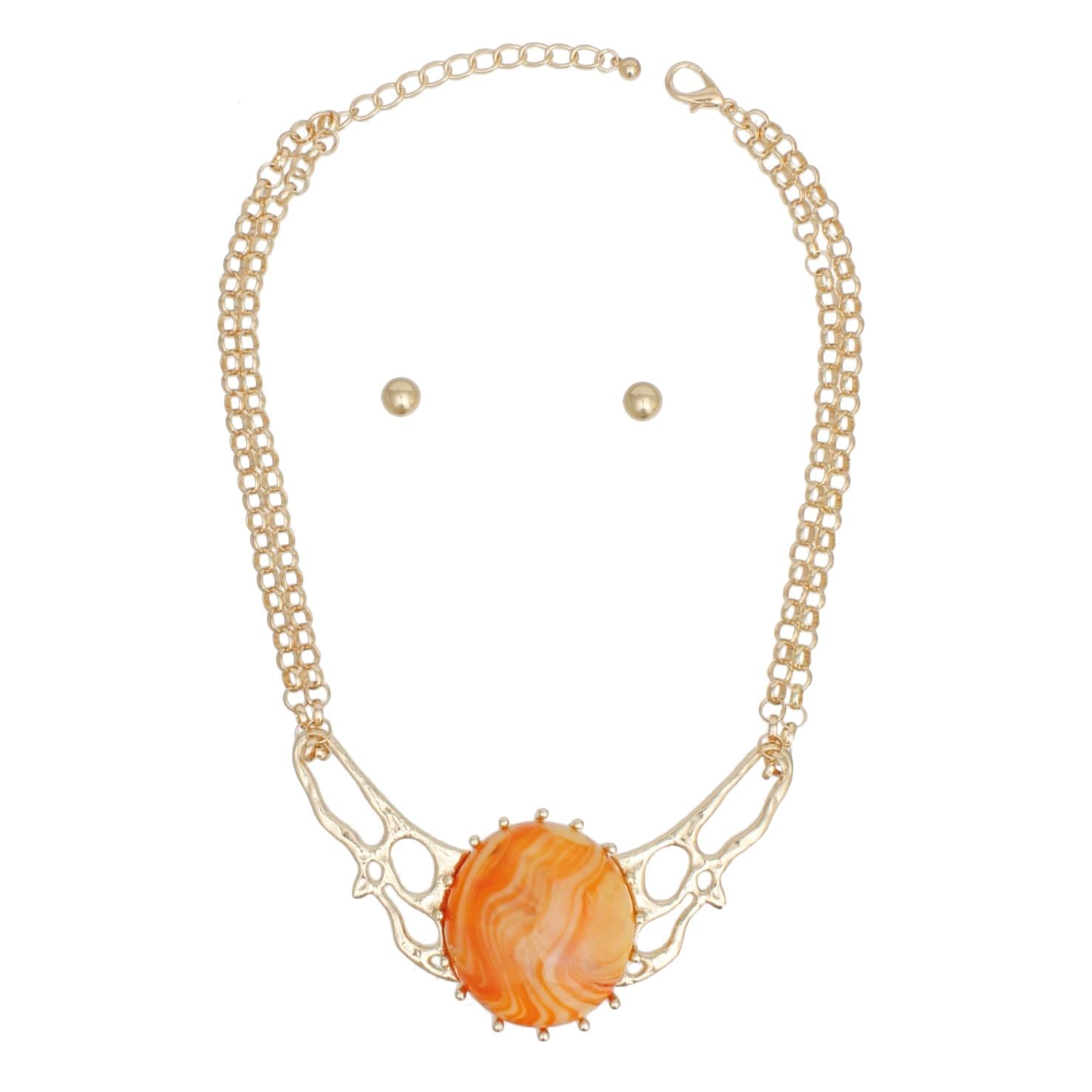 Orange Gold Tone Link Chain Necklace Double Layer Marble Collar Statement