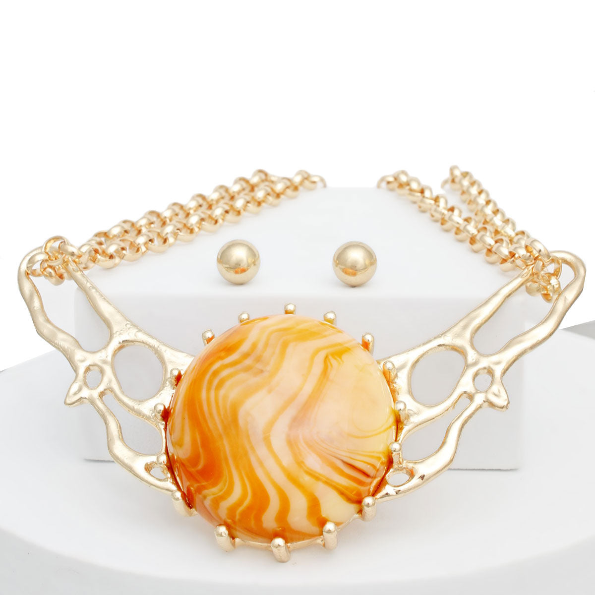 Orange Gold Tone Link Chain Necklace Double Layer Marble Collar Statement