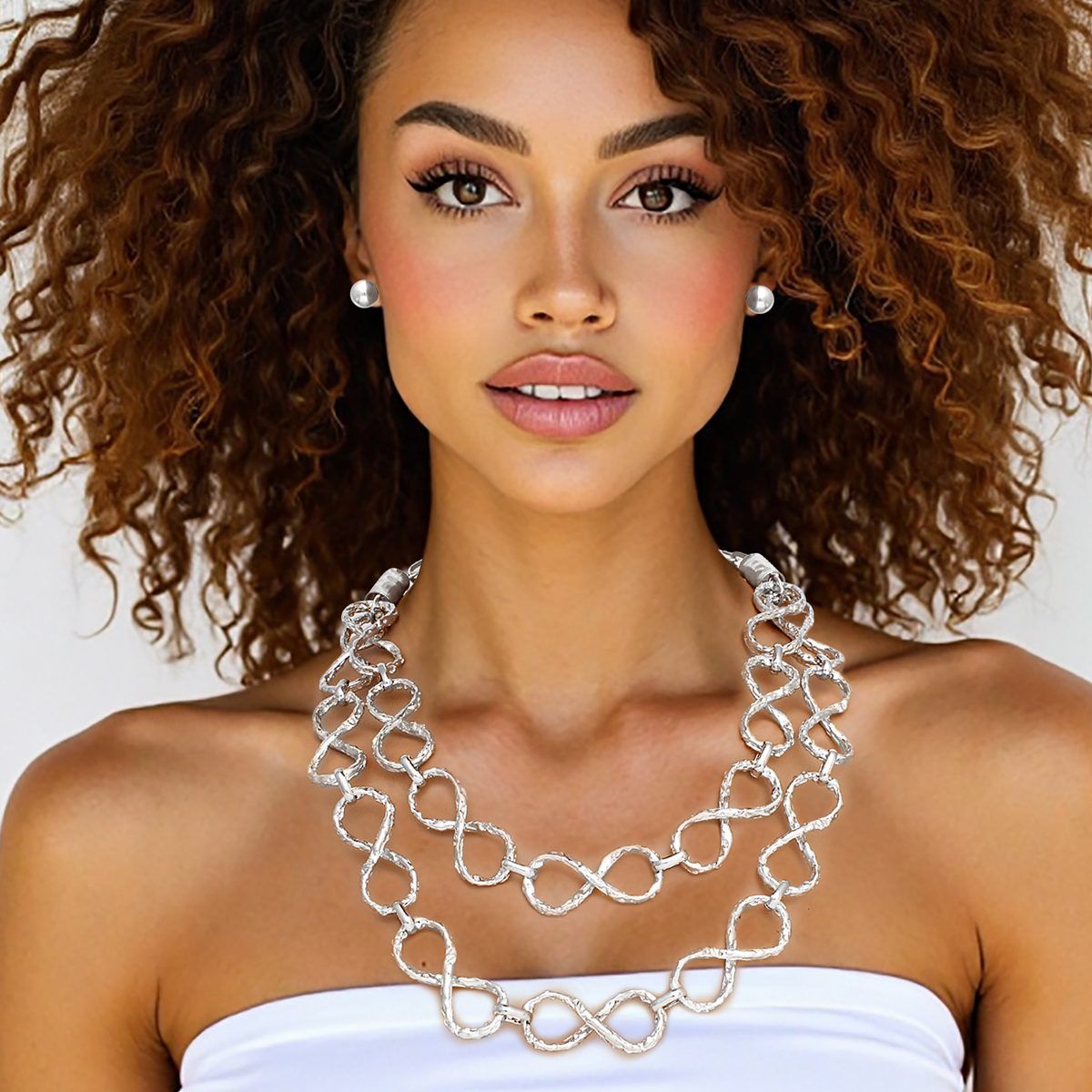 Silver Infinity Chain Link Necklace Double Strand Statement Set