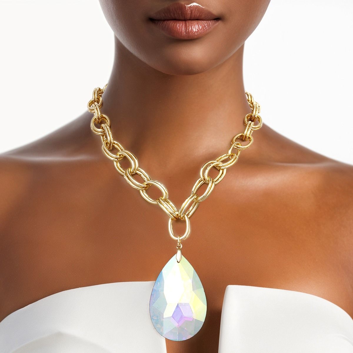 Chunky Double Oval Link Gold Chain Necklace with Teardrop Aurora Borealis Statement Pendant