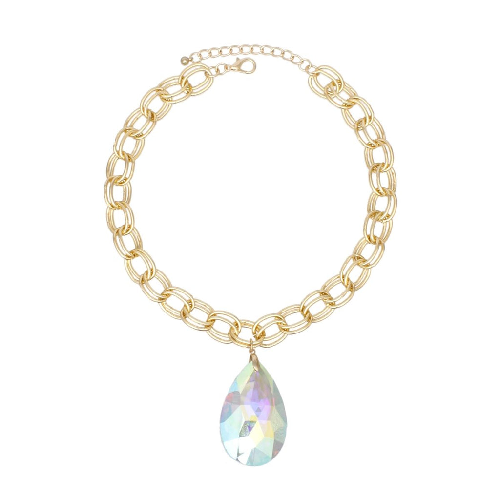 Chunky Double Oval Link Gold Chain Necklace with Teardrop Aurora Borealis Statement Pendant