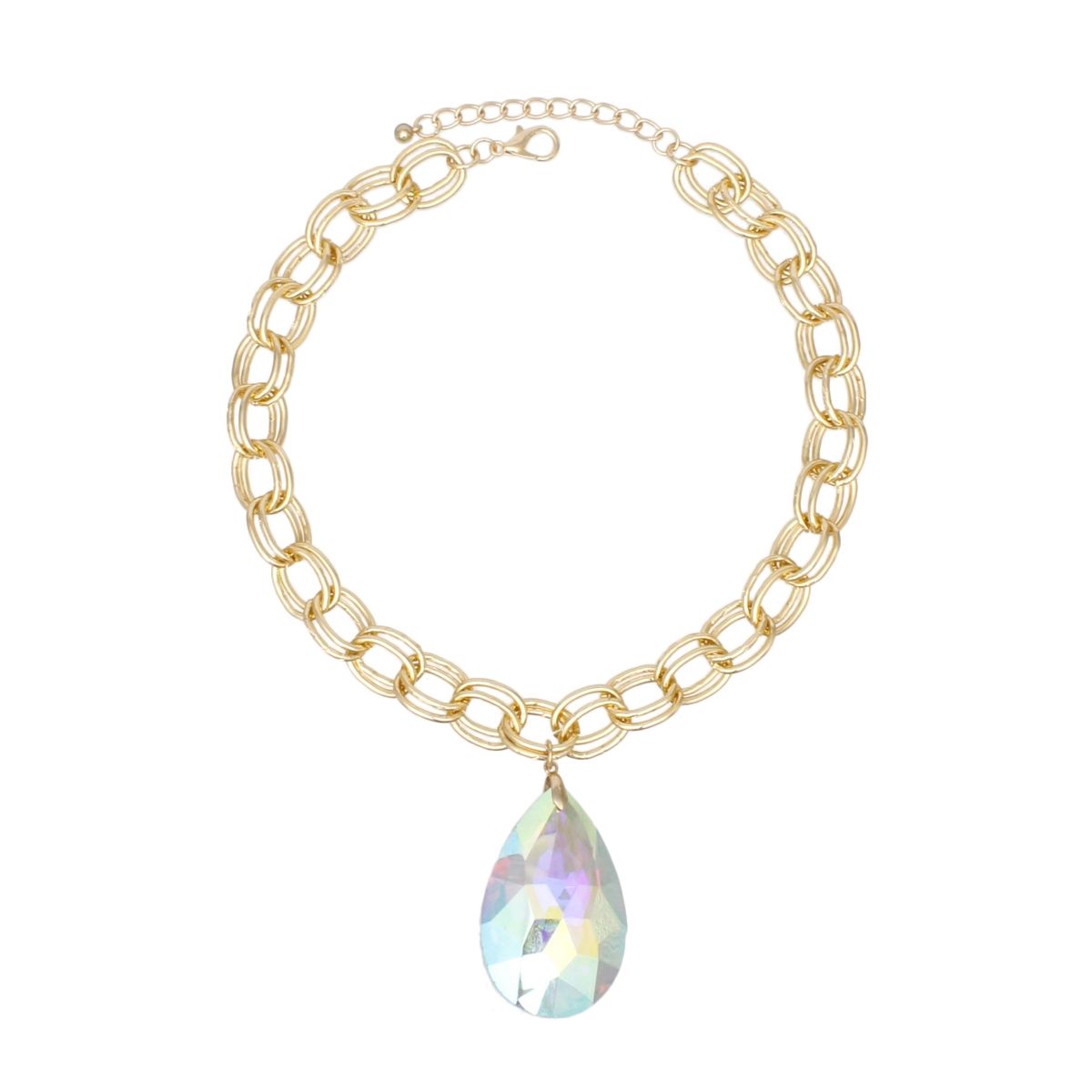 Chunky Double Oval Link Gold Chain Necklace with Teardrop Aurora Borealis Statement Pendant