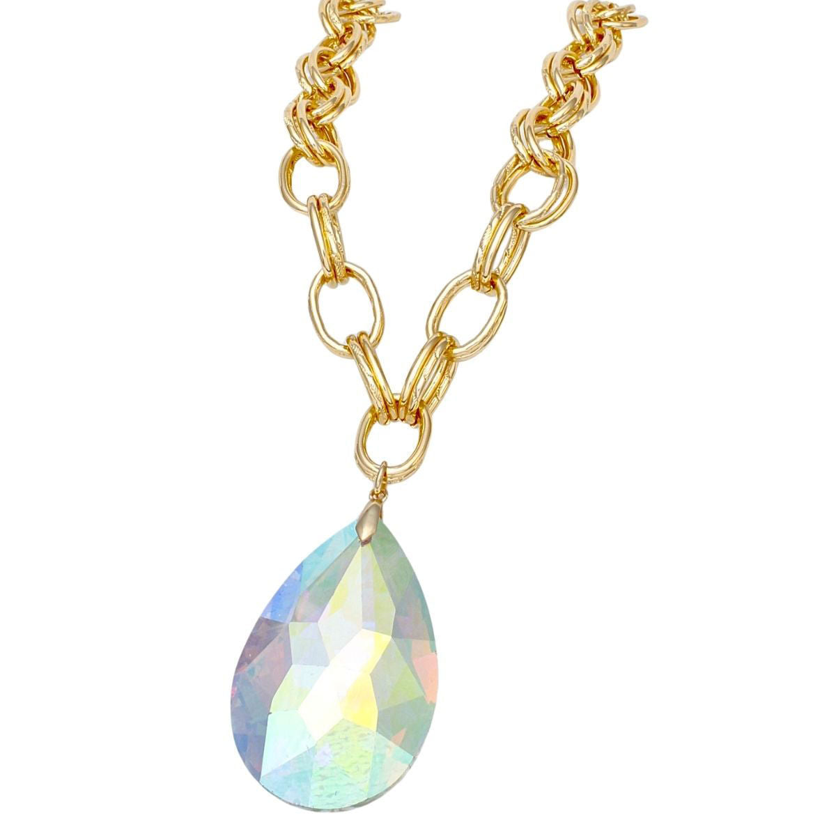 Chunky Double Oval Link Gold Chain Necklace with Teardrop Aurora Borealis Statement Pendant
