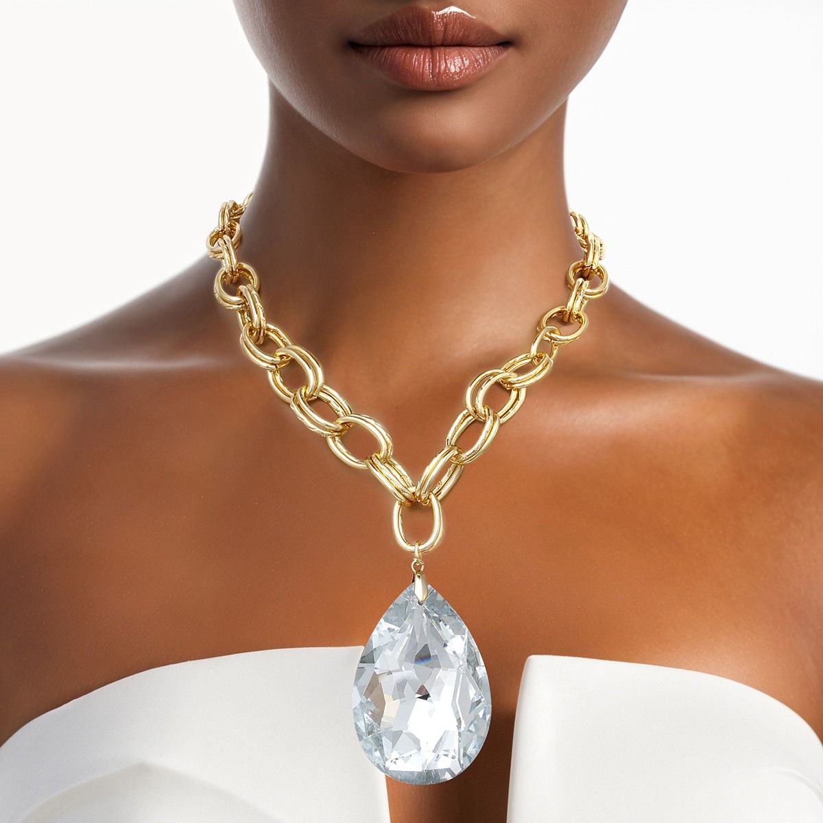 Chunky Double Oval Link Gold Chain Necklace with Teardrop Clear Statement Pendant