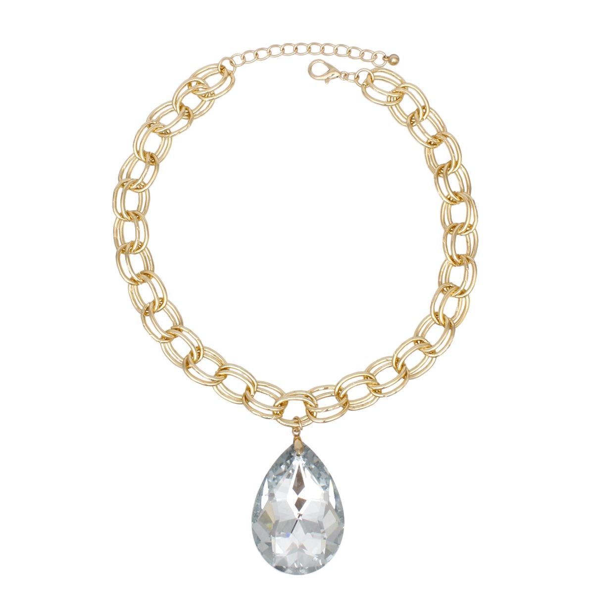 Chunky Double Oval Link Gold Chain Necklace with Teardrop Clear Statement Pendant