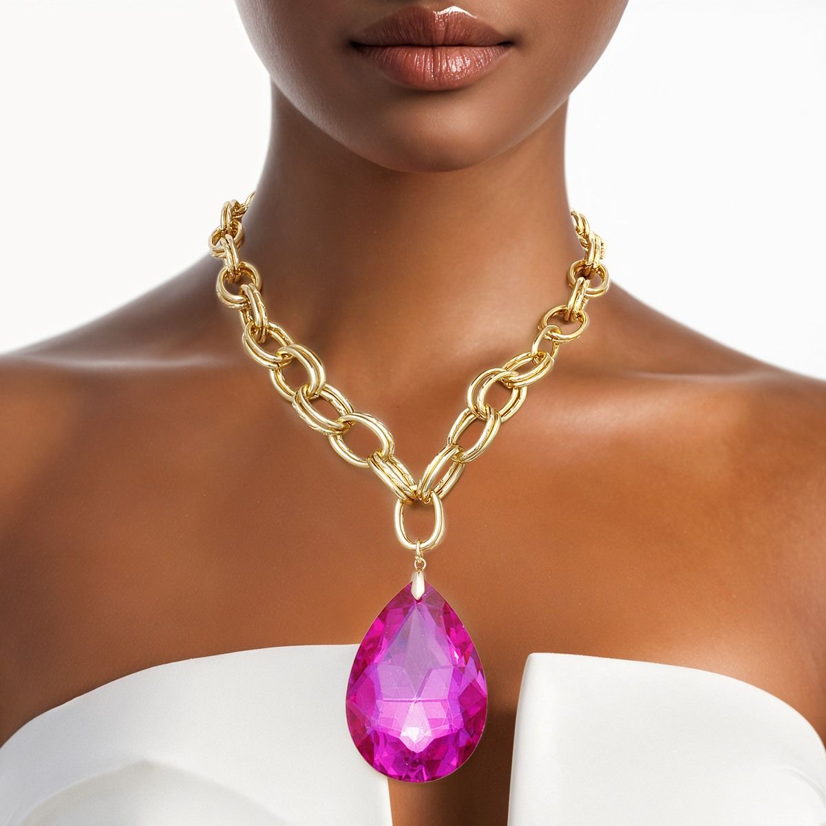 Chunky Double Oval Link Gold Chain Necklace with Teardrop Fuchsia Statement Pendant