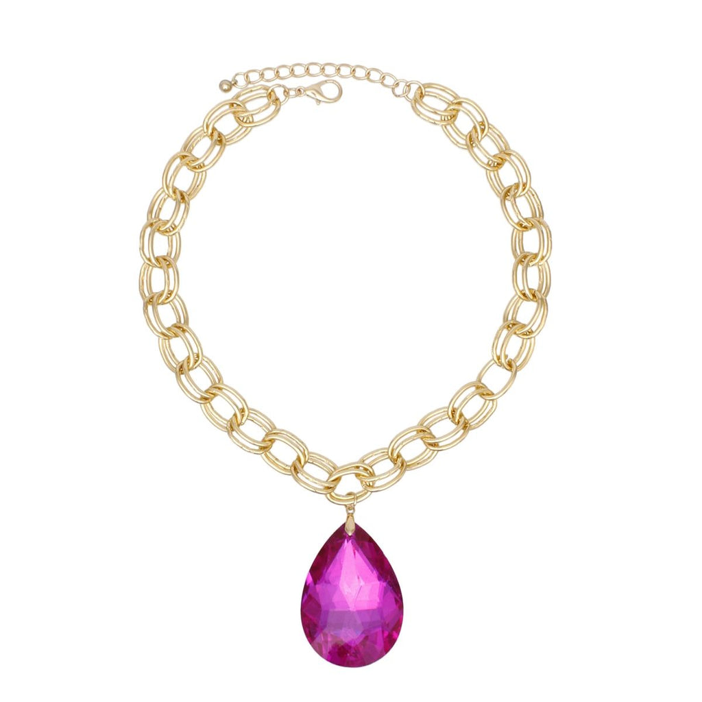 Chunky Double Oval Link Gold Chain Necklace with Teardrop Fuchsia Statement Pendant