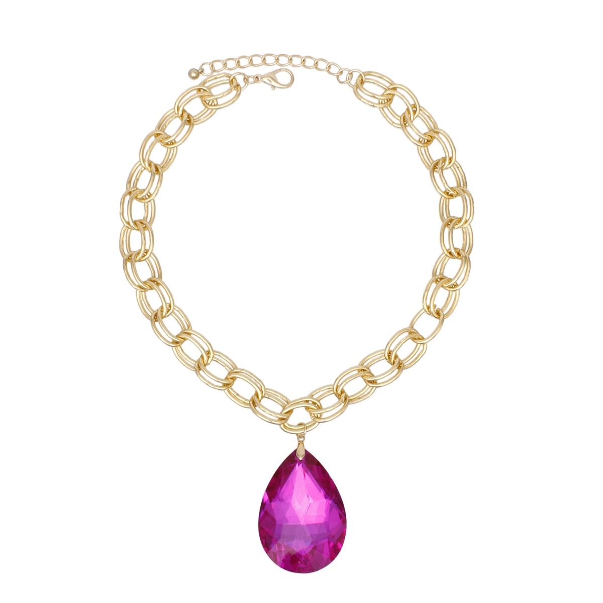 Chunky Double Oval Link Gold Chain Necklace with Teardrop Fuchsia Statement Pendant
