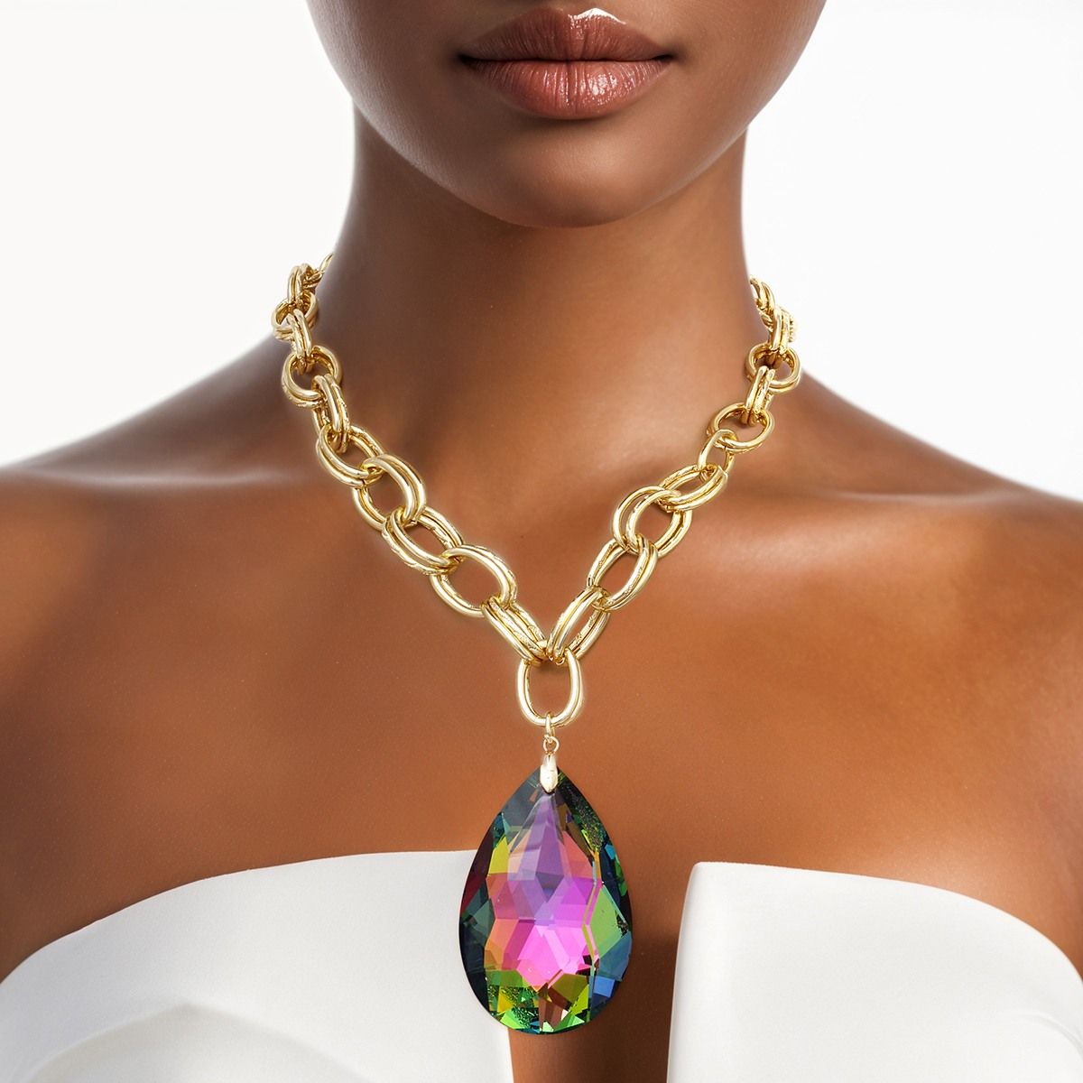 Chunky Double Oval Link Gold Chain Necklace with Teardrop Multicolor Statement Pendant
