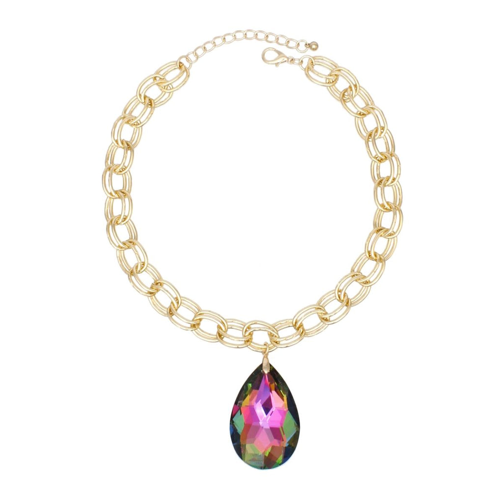 Chunky Double Oval Link Gold Chain Necklace with Teardrop Multicolor Statement Pendant