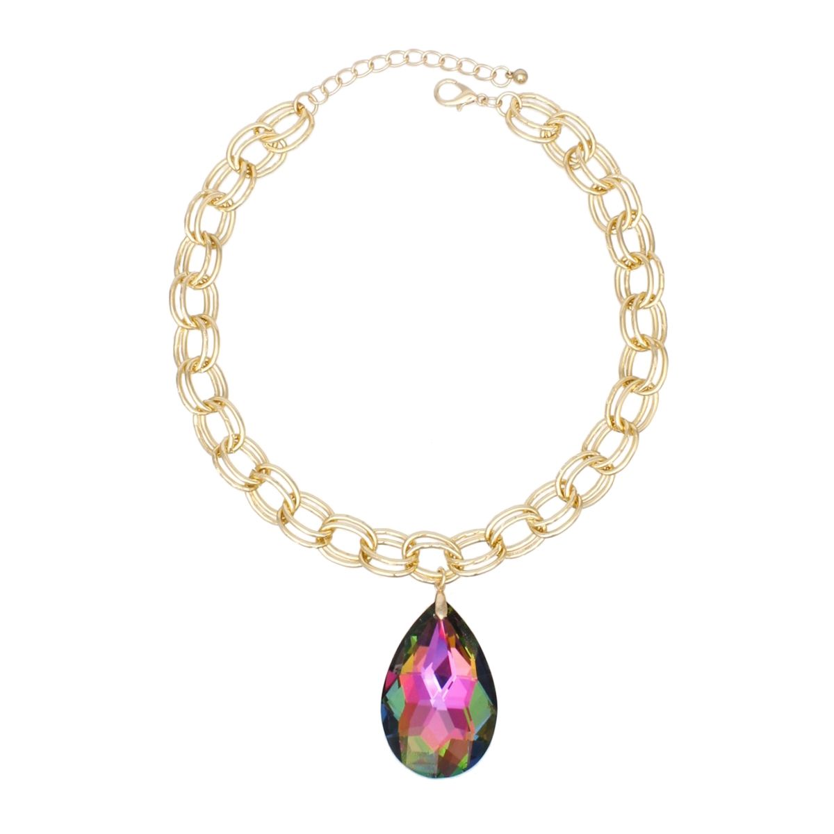 Chunky Double Oval Link Gold Chain Necklace with Teardrop Multicolor Statement Pendant