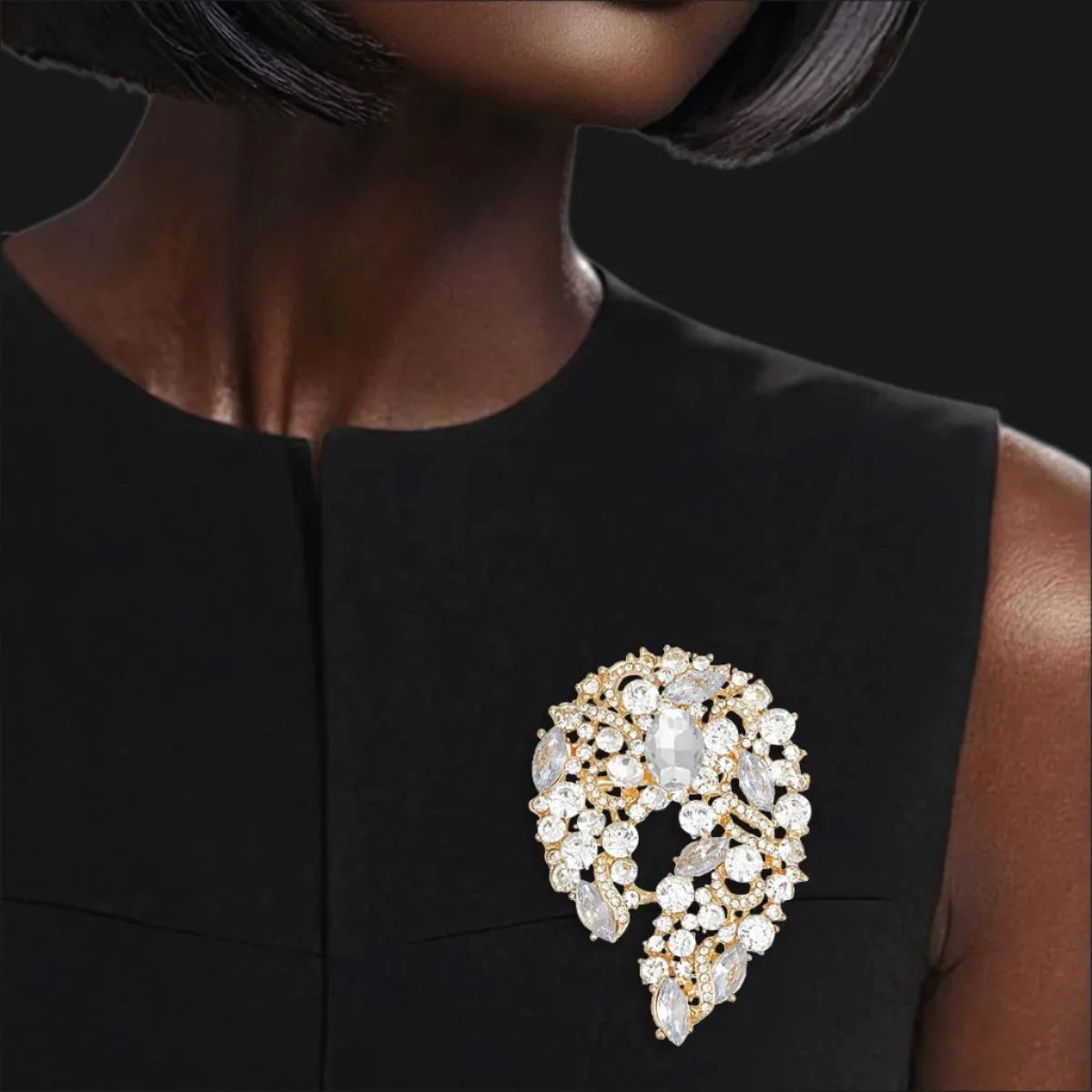 Vintage-Inspired Gold-Tone Rhinestone Crystal Brooch Pin