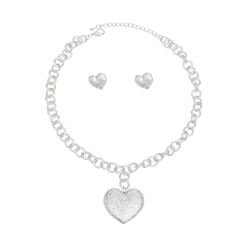 Silver Tone Chunky Link Chain Necklace with Puffy Heart Pendant and Matching Earrings