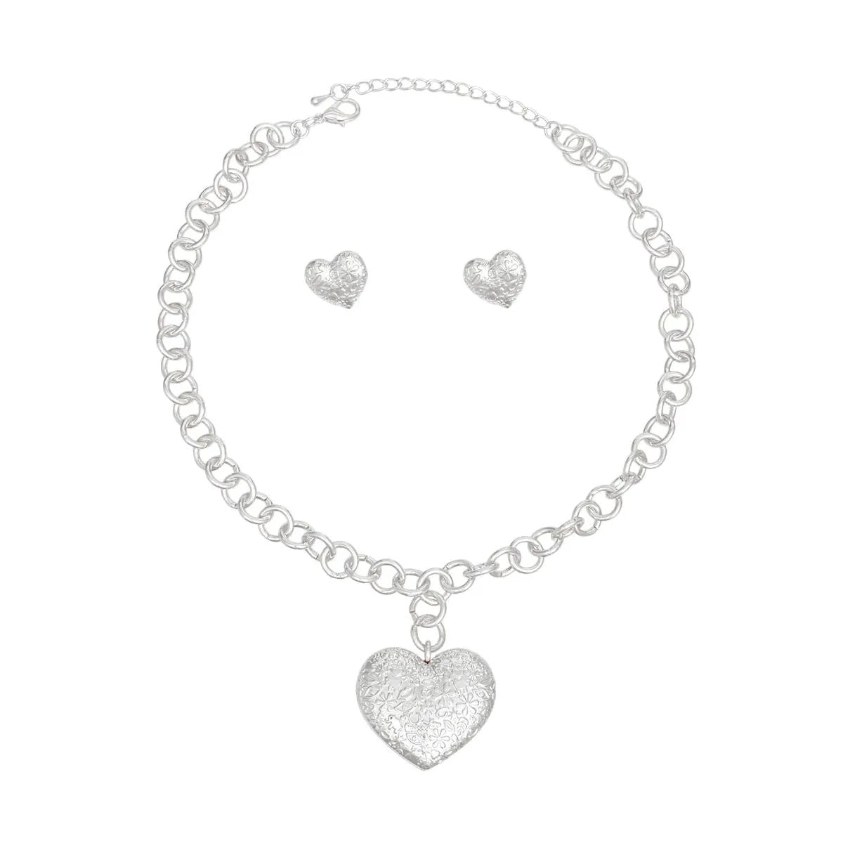 Silver Tone Chunky Link Chain Necklace with Puffy Heart Pendant and Matching Earrings