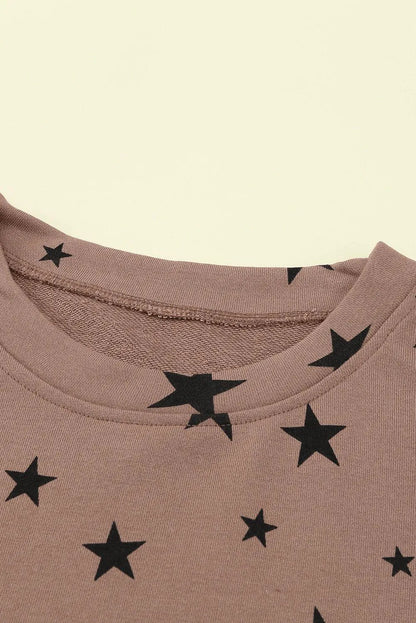 Khaki Round Neck Star Print Long Sleeve Top