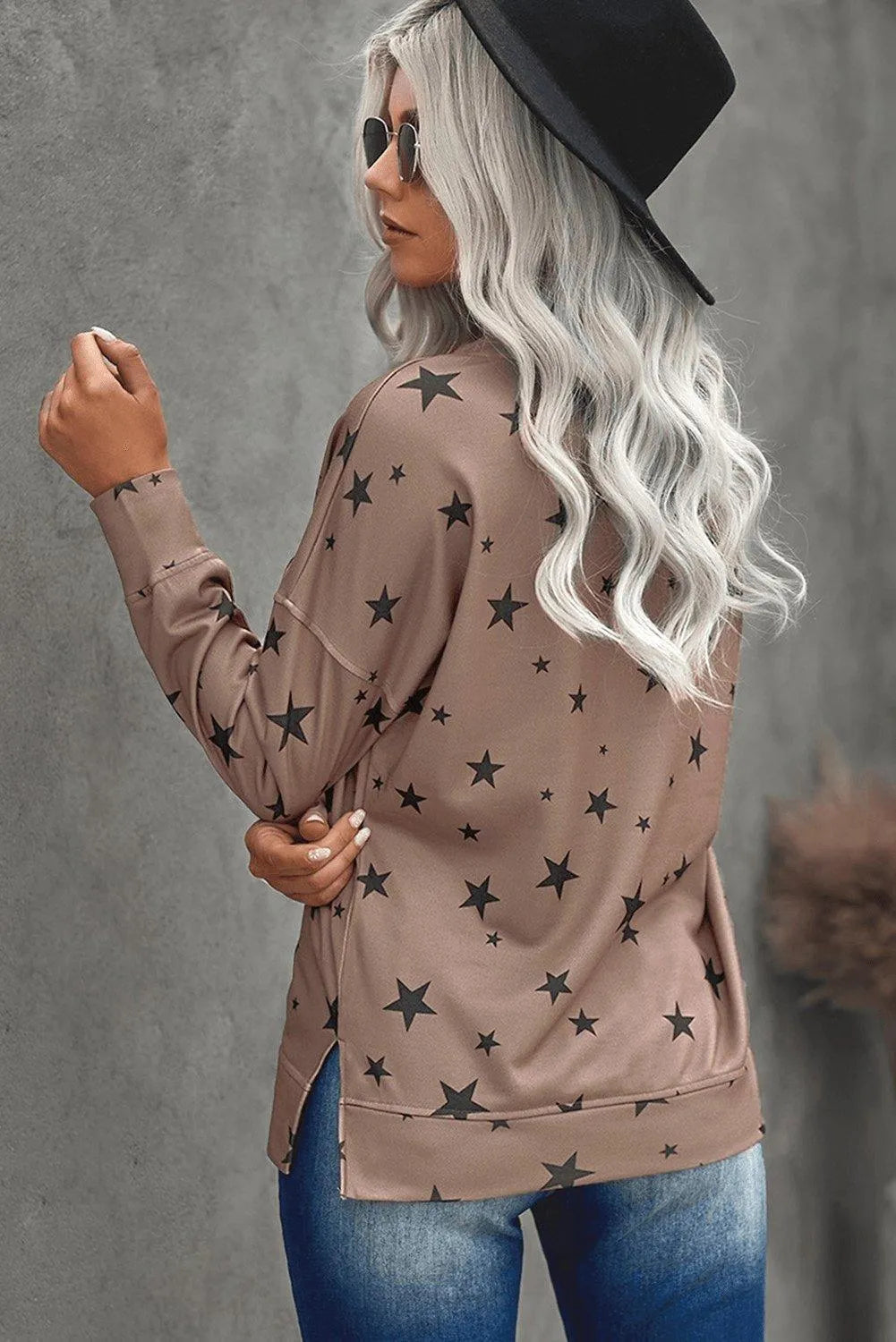 Khaki Round Neck Star Print Long Sleeve Top