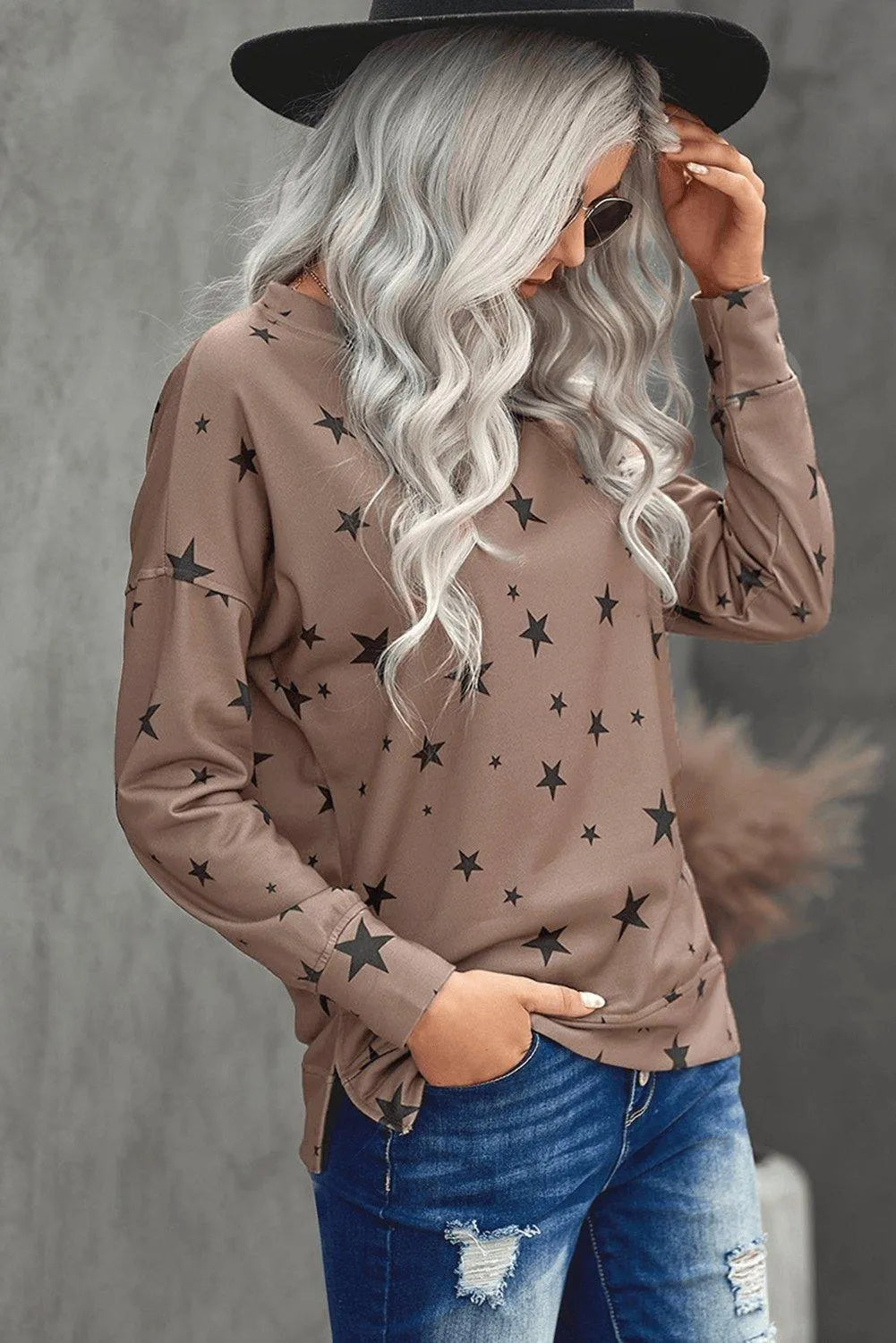 Khaki Round Neck Star Print Long Sleeve Top