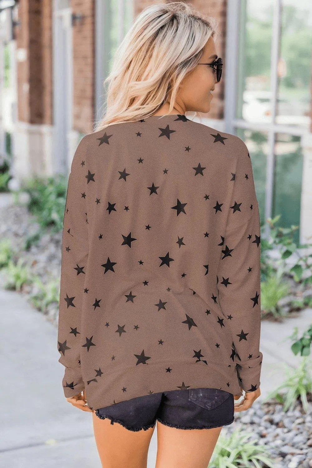 Khaki Round Neck Star Print Long Sleeve Top