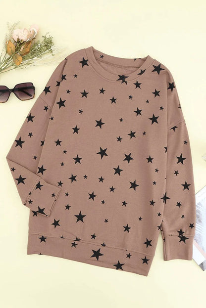 Khaki Round Neck Star Print Long Sleeve Top