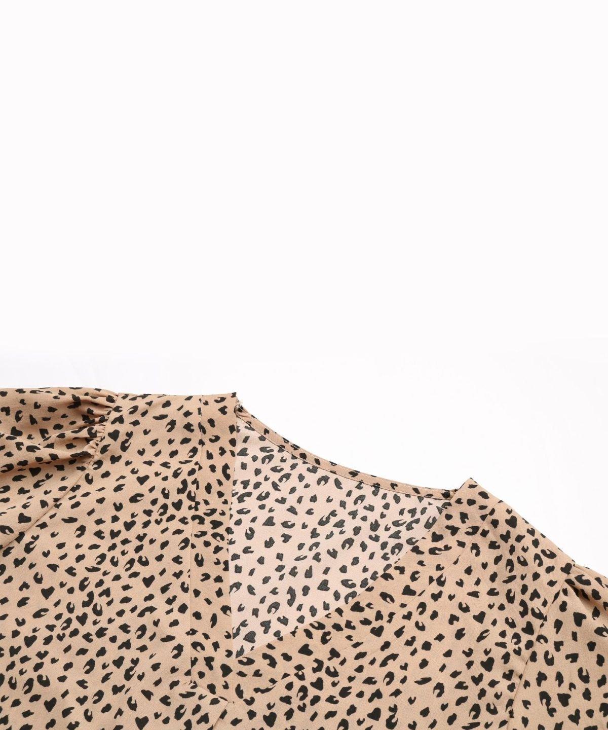 Khaki V-Neck Lantern Sleeve Leopard Blouse