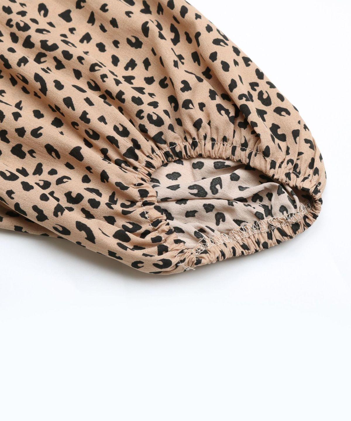 Khaki V-Neck Lantern Sleeve Leopard Blouse