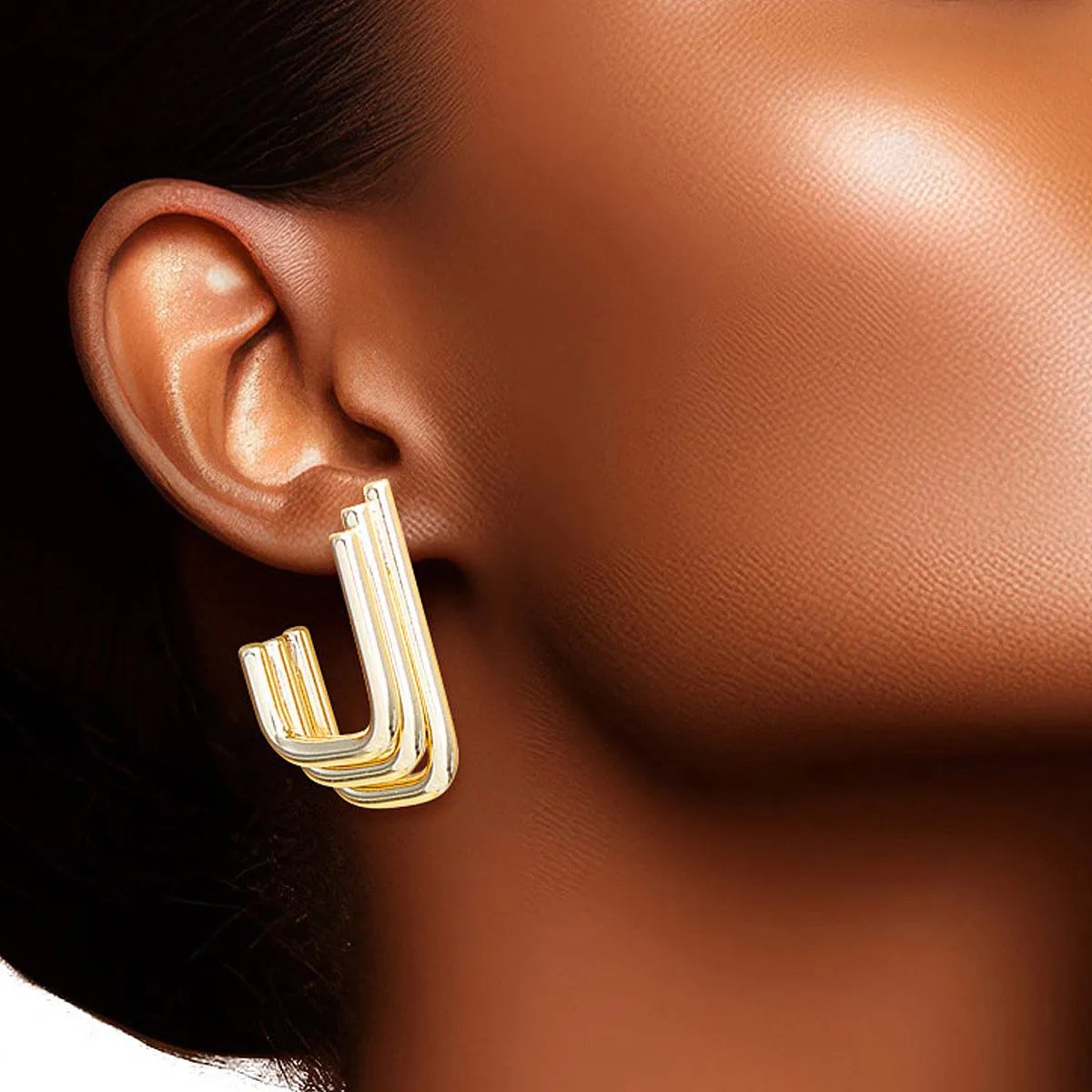Gold Hoop Earrings 14K Dipped Triple Stacked Squared Hypoallergenic Brass Women’s Fashion