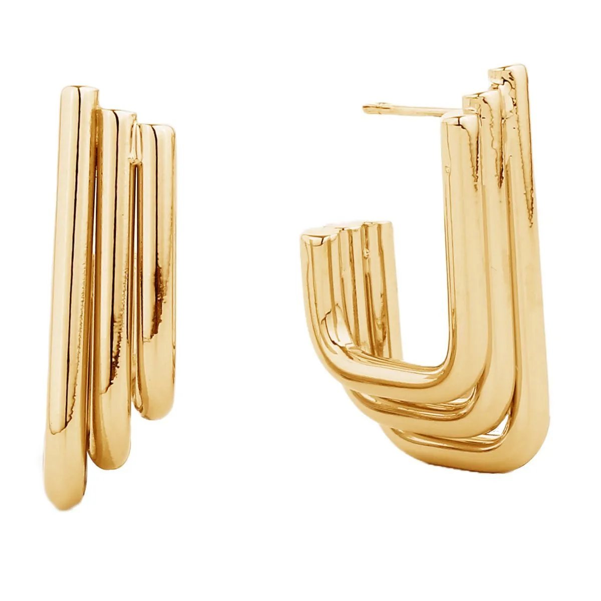Gold Hoop Earrings 14K Dipped Triple Stacked Squared Hypoallergenic Brass Women’s Fashion