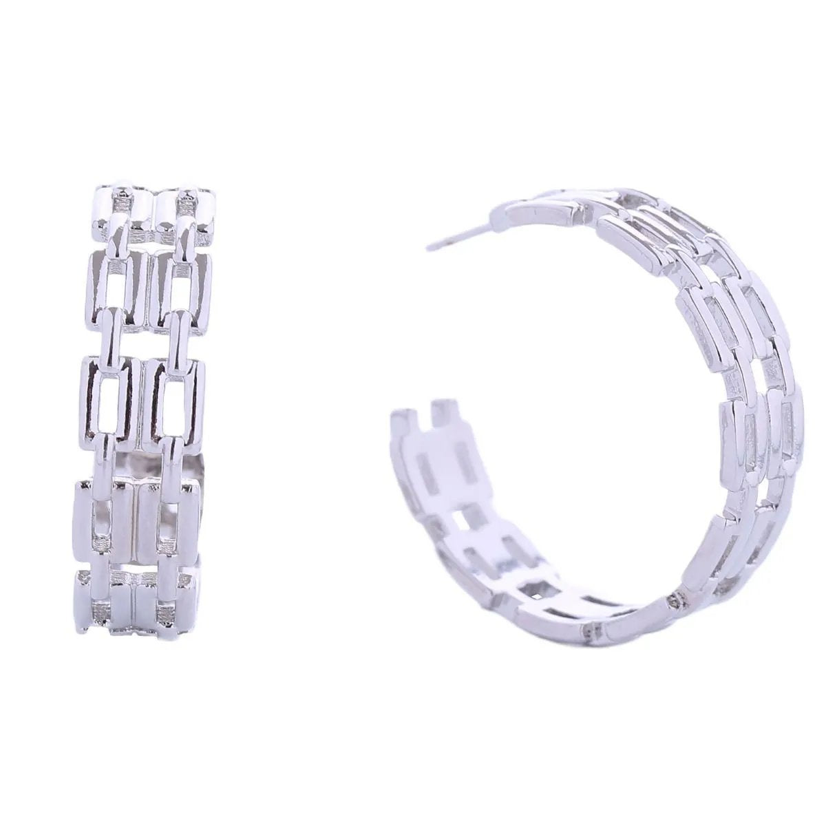 White Gold Chain Link Hoop Earrings – Hypoallergenic Brass, 3cm, Post Back, Modern Women's Jewelry